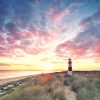 Fyrtårn i flot solnedgang, himlen i lysegule og lyserøde farver, forkanten med ved stranden med græsser