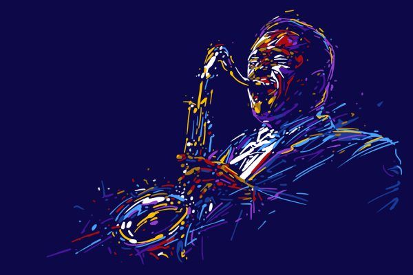 Jazz saxofon spiller i vector design, med blå baggrund