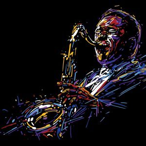 Jazz saxofon spiller i vector design, med sort baggrund