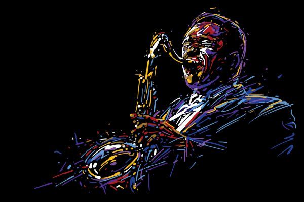 Jazz saxofon spiller i vector design, med sort baggrund